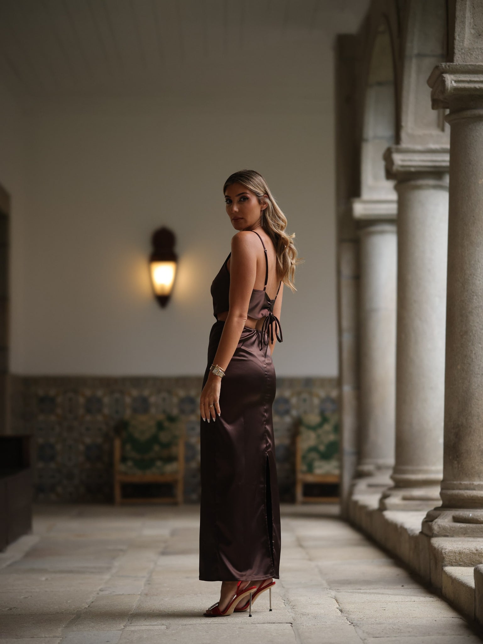 Brown Long Silk Francesca Dress