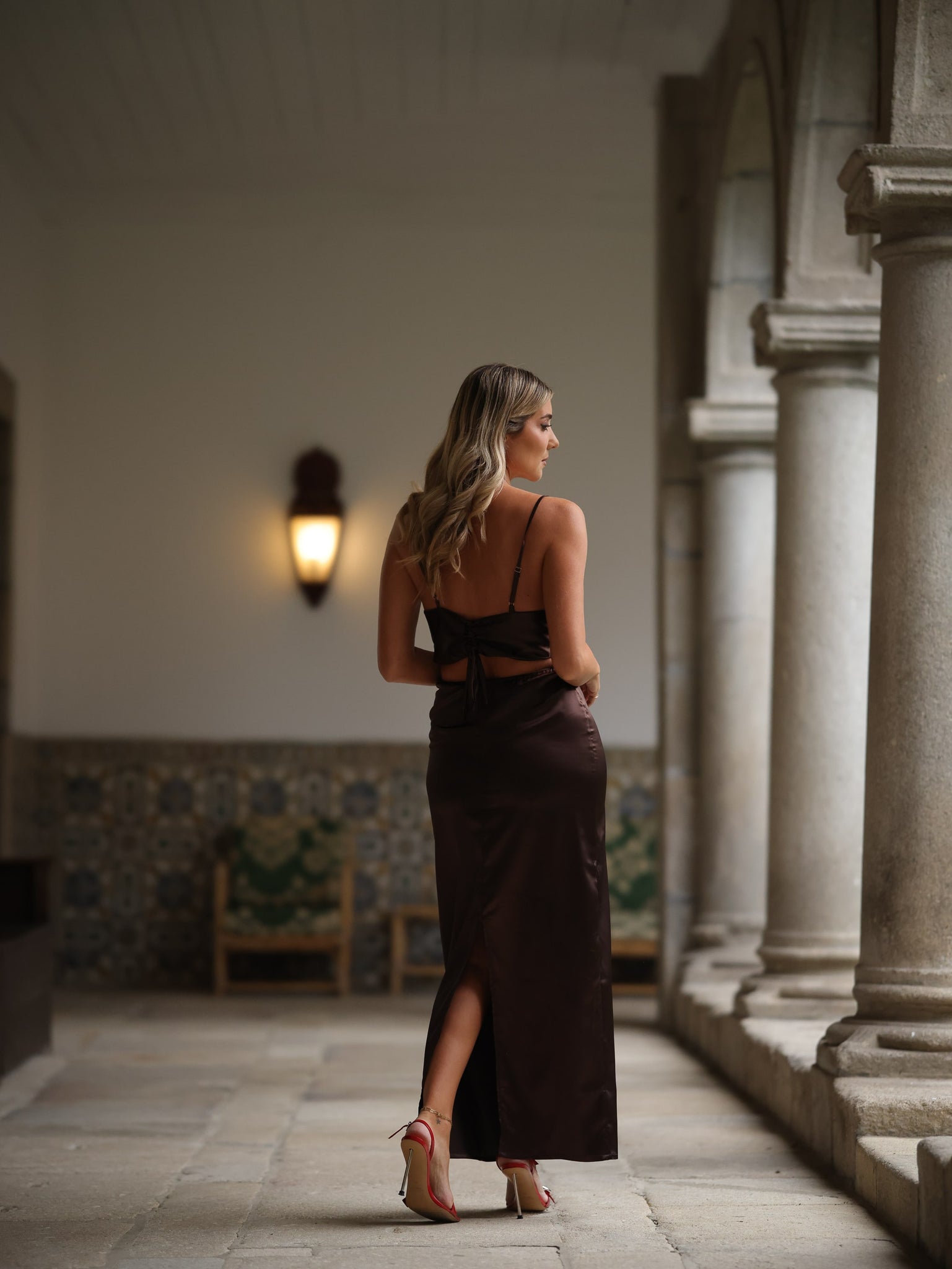 Brown Long Silk Francesca Dress